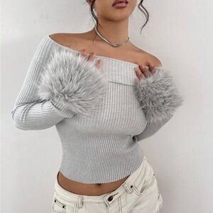 Gray Off-the-Shoulder Sweater with Furry Cuffs